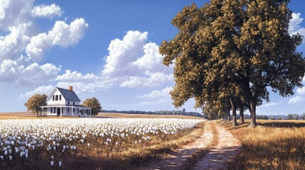 Wall Mural - A picturesque rural scene featuring a quaint white farmhouse nestled amidst a vast field of cotton plants, a pathway leads through the field to the house, with mature trees lining the way, bathed in s