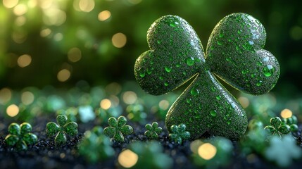 Wall Mural - A close-up of a dew-covered clover leaf.