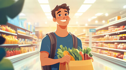 A cheerful young man with a backpack holding a bag of groceries is standing in a brightly lit grocery store, exuding a sense of satisfaction and accomplishment. Dewlight. Illustration