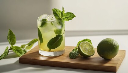 Wall Mural - An ultra-realistic photograph of fresh mint leaves and a lime, placed next to a glass of mojito drink on a wooden board, against a white background.