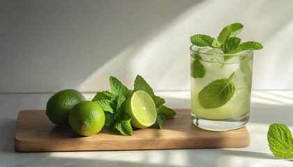 Wall Mural - An ultra-realistic photograph of fresh mint leaves and a lime, placed next to a glass of mojito drink on a wooden board, against a white background.