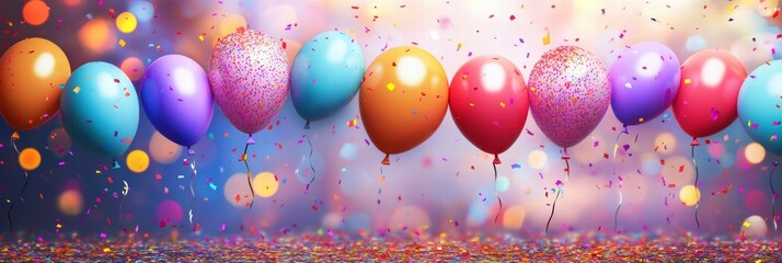 Poster - Colorful balloons and confetti create a festive atmosphere for joyful celebrations at parties and gatherings. Generative AI