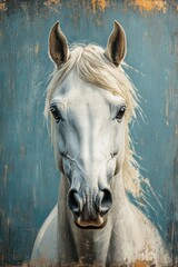 Wall Mural - Portrait of a white dressage horse highlighted on a dark background. Close-up of white horse's muzzle on background