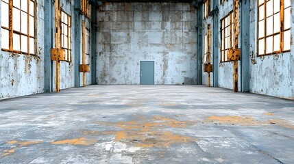 Poster - Spacious industrial room with weathered walls, large windows, and an empty floor, creating a sense of abandonment and potential.