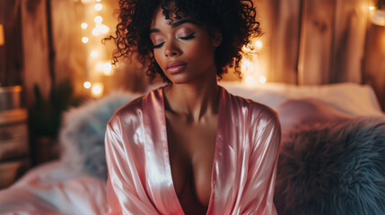 Poster - A graceful Black woman in a silky pink robe, sitting in a cozy bedroom with soft lighting, her face peaceful and dreamy