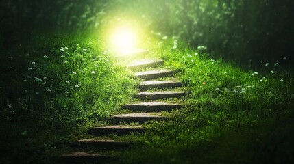 Poster - A mesmerizing staircase floats above vibrant green grass, leading toward a bright, ethereal light. Flowers bloom along the path, evoking a sense of wonder and mystery in the forest