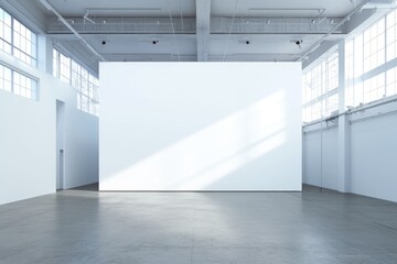 Aufkleber - A large white wall in an empty warehouse with a concrete floor, and high ceilings. Soft daylight shines through the windows, creating a mockup of a blank canvas for artwork or painting