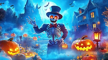 Wall Mural - A skeleton in a top hat welcomes visitors to a spooky Halloween scene with glowing jack-o'-lanterns, fog, and haunted manor.