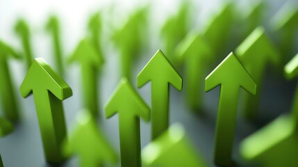 Poster - Close-up of numerous green upward arrows pointing to the sky, symbolizing growth, progress, and success.
