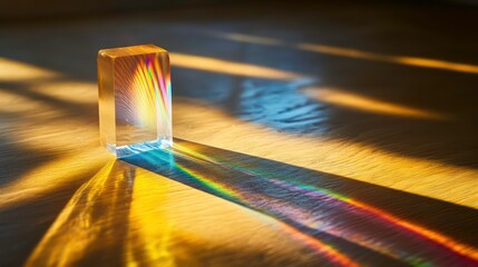 Poster - Glass prism refracting sunlight, casting rainbow spectrum on wooden surface.