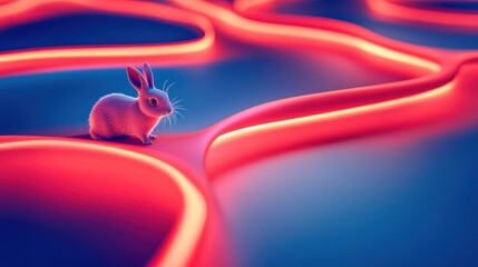 Wall Mural - A small, fluffy pink rabbit sits amidst glowing, vibrant red and blue neon lines. Abstract, modern, and artistic, the rabbit is the focal point of a surreal landscape.