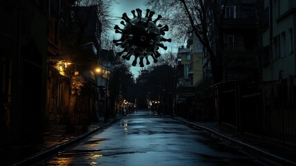 Poster - Empty urban street with a surreal virus motif suspended above at twilight creating an eerie atmosphere. Generative AI