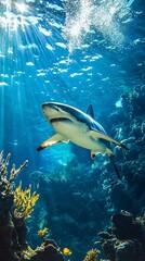Poster - A powerful shark swims gracefully through vibrant coral reefs, illuminated by brilliant sun rays piercing the clear blue waters, showcasing nature's beauty and grace