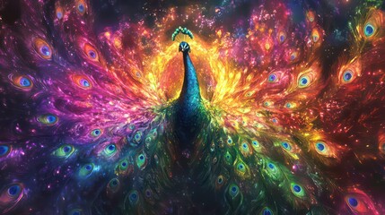 Poster - A vibrant, cosmic peacock with iridescent, glittering feathers displayed in a radiant, colorful explosion.