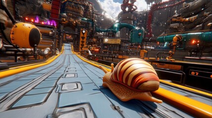 Wall Mural - A snail races on a futuristic, colorful, industrial track.