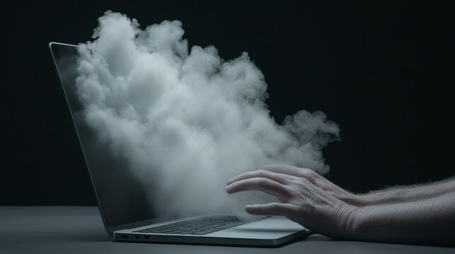 Glowing AI Robot Hologram Emerges From Computer in a Dark Modern Workspace