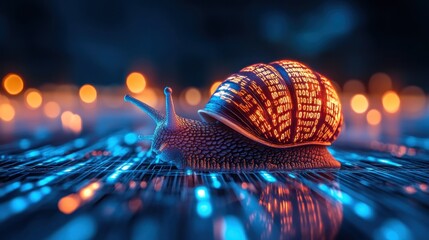 Wall Mural - A snail with glowing data on its shell moving across a digital pathway.