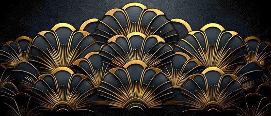 Wall Mural - Elegant Art Deco Pattern with Gold and Black Fan Motifs for Interior Design