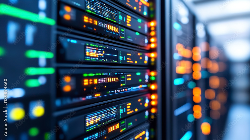Rows of Illuminated Servers in a Dark Server Room Showcase Advanced ...