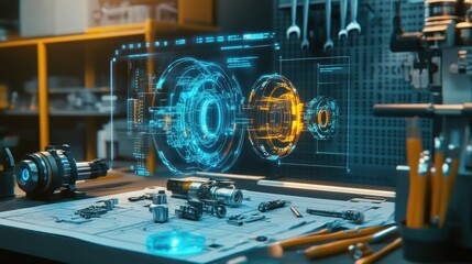 Poster - Holographic projection displaying an engine and its components during a futuristic manufacturing process, combining advanced technology with engineering precision