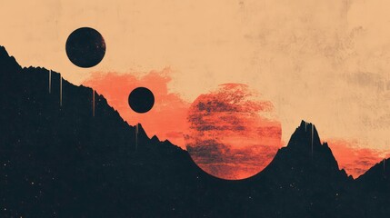 Poster - Surreal landscape with three planets, dark mountains, and a red sky.