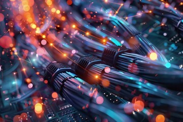 Poster - Server cables transmitting data with glowing sparks and bokeh effect, representing digital communication and technology
