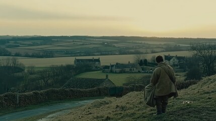 Wall Mural - A solitary figure walks along a hillside overlooking a village at sunset.