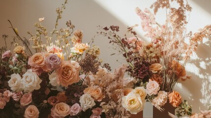 Poster - A contemporary floral installation features a vibrant mixture of pastel roses and delicate dried flowers, beautifully arranged to catch warm sunlight. Soft shadows enhance the artistic display