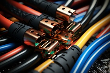 Poster - Close up of copper connectors joining colorful electrical cables on a circuit board, highlighting the complexity of electrical systems