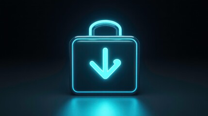 Poster - Glowing neon briefcase icon with download arrow, dark background.