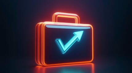 Poster - Neon briefcase icon with upward arrow and checkmark, symbolizing business success and growth.