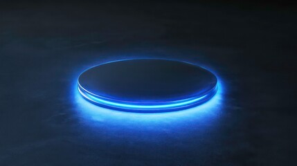Poster - Illuminated circular platform with blue neon light on dark background.
