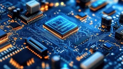 Poster - Close up view of a modern cpu processor on a motherboard, displaying futuristic hologram data, highlighting the advancements in computer technology and manufacturing
