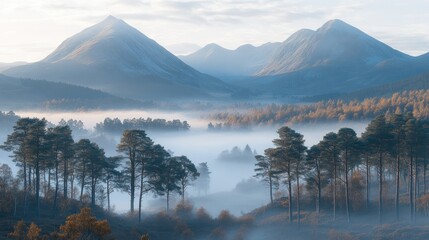 Canvas Print - Misty mountain valley sunrise.