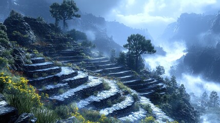 Canvas Print - Misty mountain terraces with wildflowers.