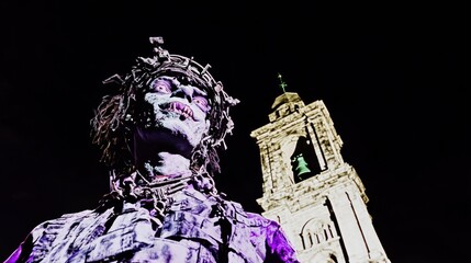 Sticker - A stylized, spooky figure at night, with a gothic, ornate crown and dark makeup, stands in front of a tall church bell tower.