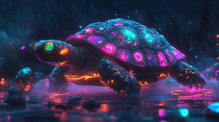 Wall Mural - A stylized turtle, glowing with vibrant neon colors, walks through a rain-slicked, fiery landscape.