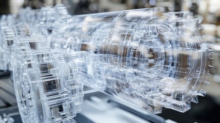 Poster - Transparent futuristic engine rotating with complex gears, showcasing advanced manufacturing technology in a high tech industrial environment, symbolizing innovation and precision engineering