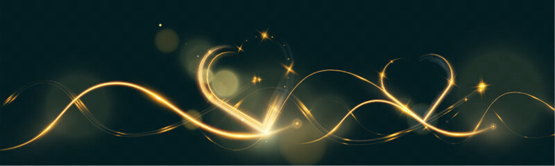 Poster - Golden glowing light trail forming a heart shape with sparkles and smooth curves on dark background, symbolizing love, romance, and celebration.