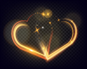 Poster - Golden glowing light trail forming a heart shape with sparkles and smooth curves on dark background, symbolizing love, romance, and celebration.