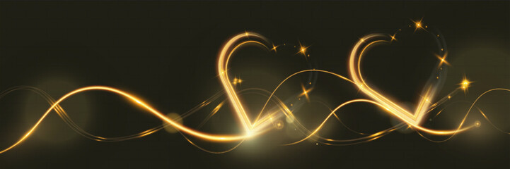 Poster - Golden glowing light trail forming a heart shape with sparkles and smooth curves on dark background, symbolizing love, romance, and celebration.
