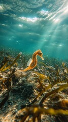 Poster - In a tranquil underwater world, a vibrant seahorse glides gently among lush seaweed. Sunlight filters through the water, illuminating this enchanting encounter with marine life