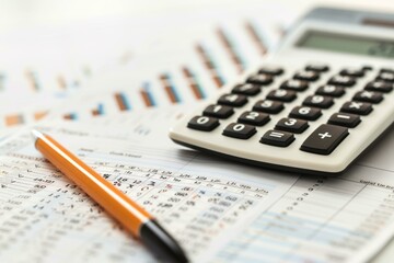 Poster - Close up of calculator, pen, and financial charts, suggesting tax calculation and financial analysis