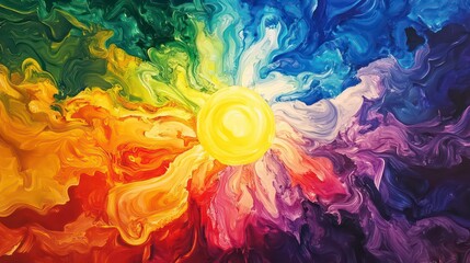 Poster - Vibrant rainbow swirl painting with central yellow sun, abstract art.