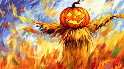 Wall Mural - A vibrant, artistic scarecrow with a pumpkin head, surrounded by autumnal leaves and colors.