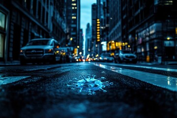 Poster - Urban street highlights a symbolic virus motif amid a quiet cityscape at dusk. Generative AI
