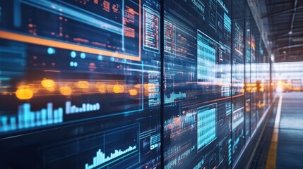 Poster - multiple digital screens display complex data and information, visualizing a manufacturing process i