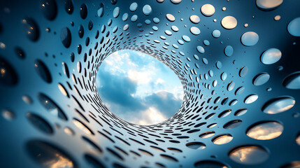 Poster - Unique architectural structure with circular holes showcasing a cloud-filled sky