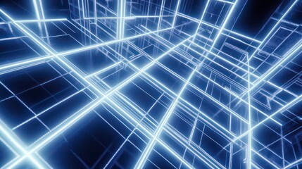 Poster - Abstract glowing neon lines forming a complex grid structure in 3D space.