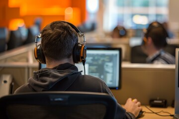 Poster - Software developer concentrating on code in a busy office environment, wearing headphones for focus